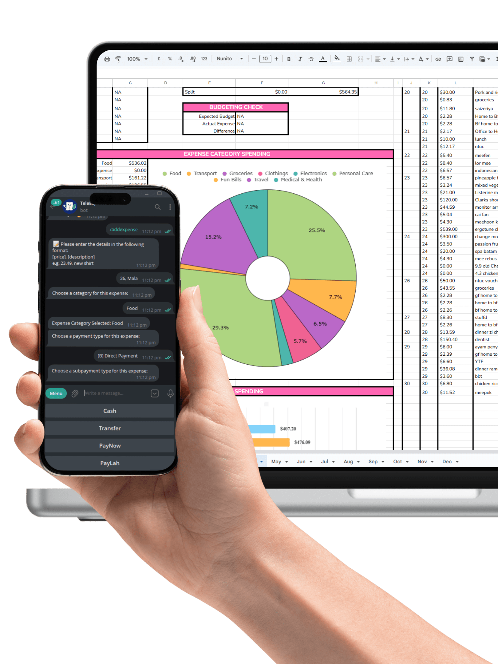 TeleExpense Telegram bot interface with google sheet template